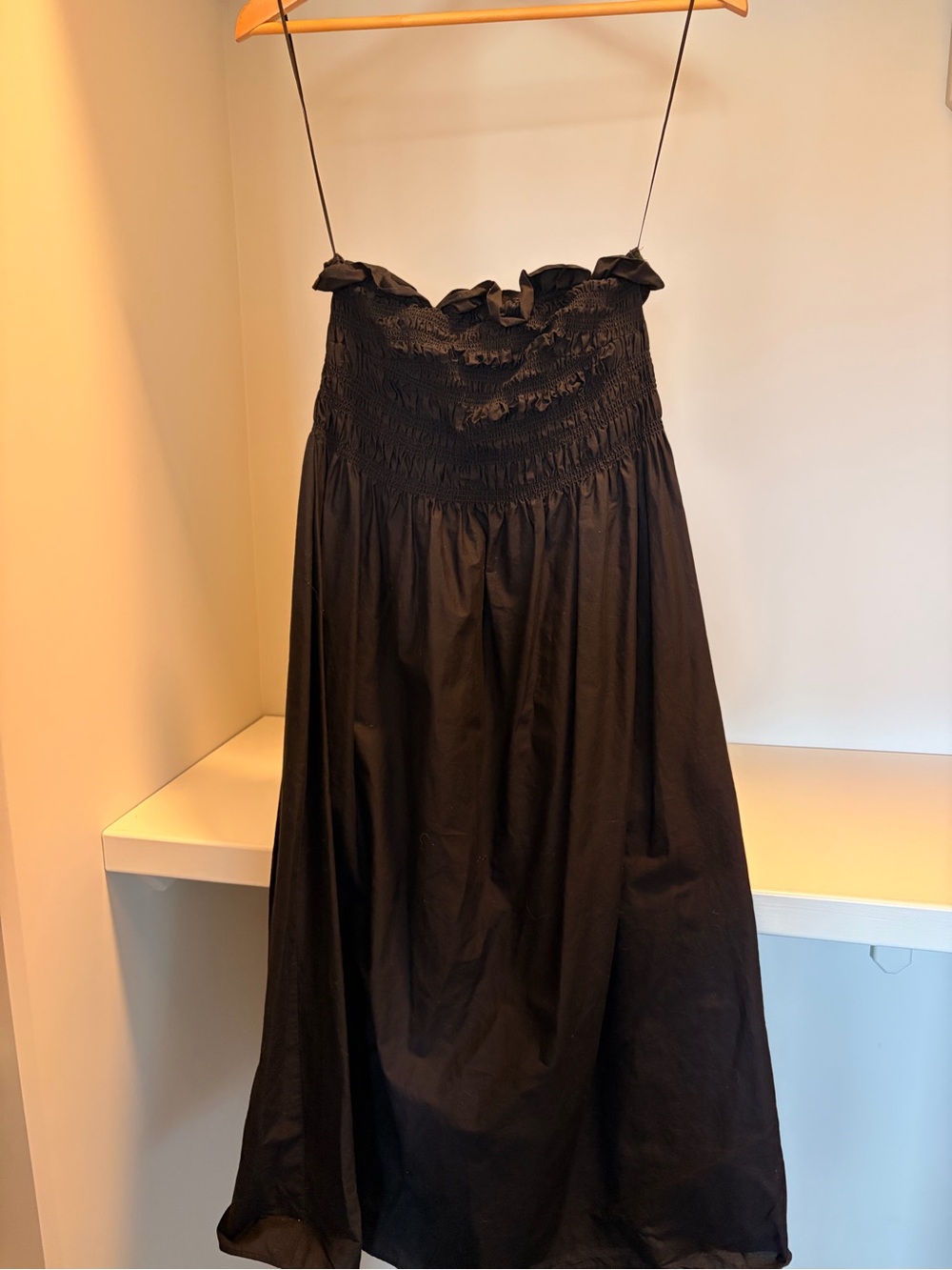 H&M Black Smocked Strapless Midi Dress with Ruffle Trim